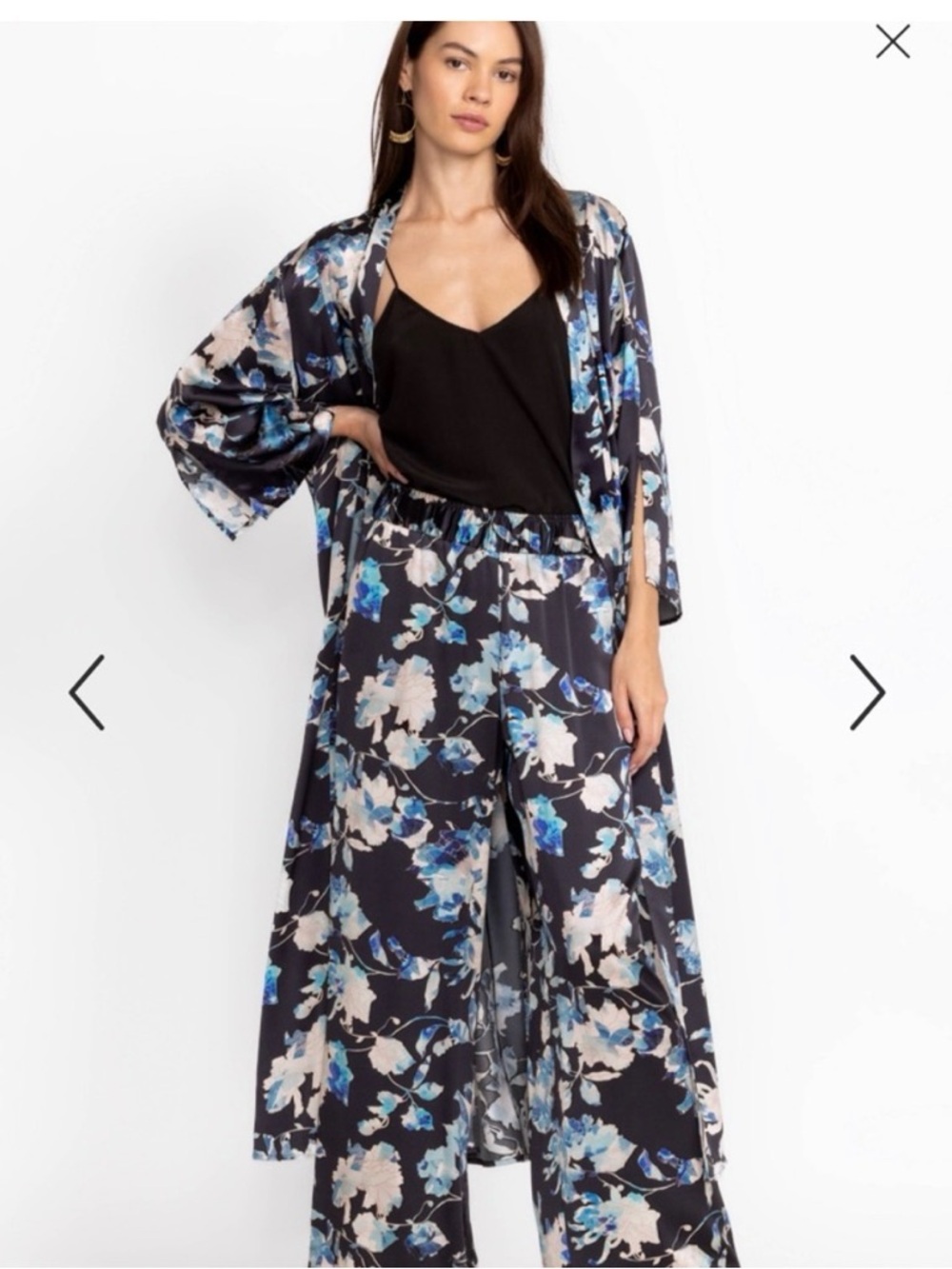 Johnny Was Black Satin Floral Two-Piece Set with Blue and Cream Accents